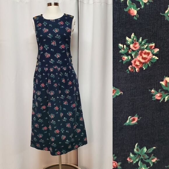 Vintage 90s y2k Talbots Boho Hippie Flower Dainty Floral Corduroy Midi Dress Md - Picture 1 of 8
